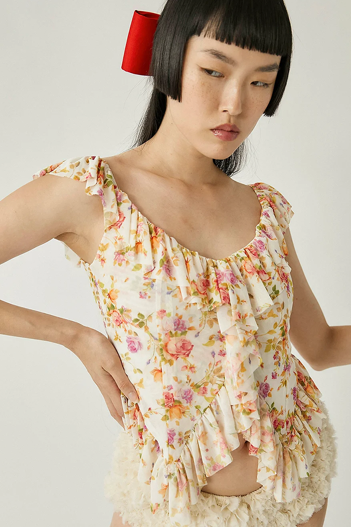 Tach Caspia layered mesh ruffle floral top V-neckline | Pipe and Row