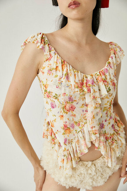 Tach Caspia layered mesh ruffle floral top V-neckline | Pipe and Row