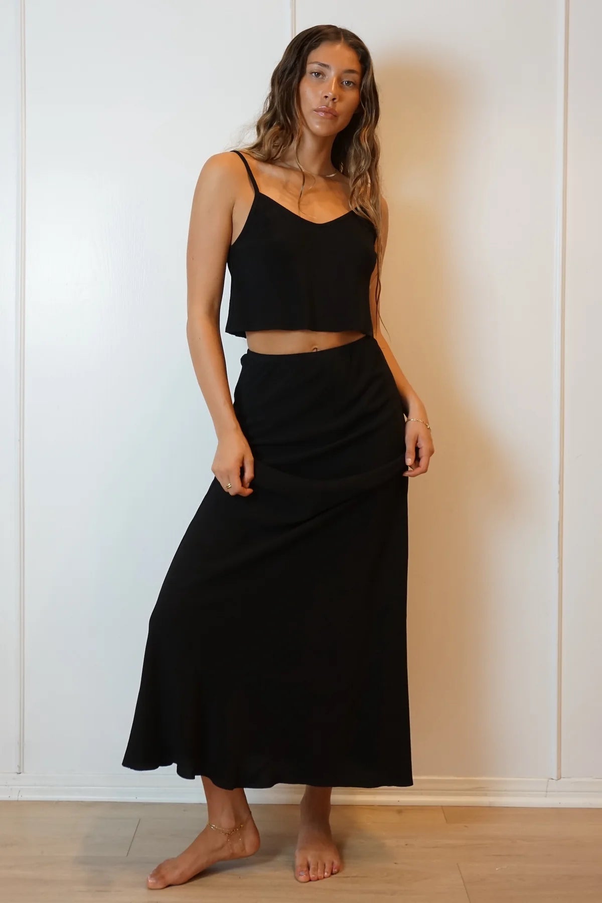 Shani bias cut 90's slip skirt black crepe upcycled | Pipe and row Seattle