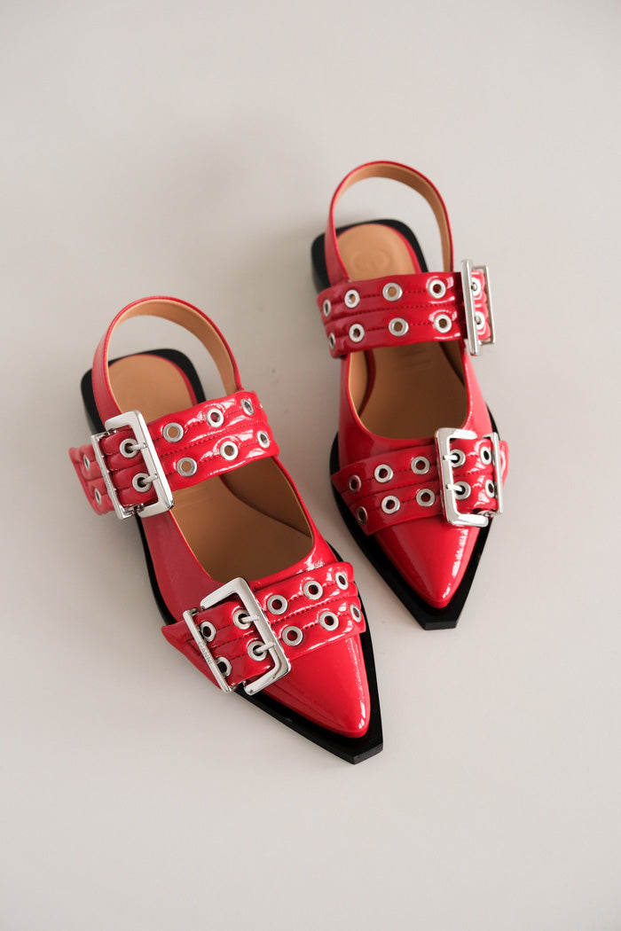 Ganni wide welt buckle ballerina flats racing red patent crinkled leather | Pipe and Row