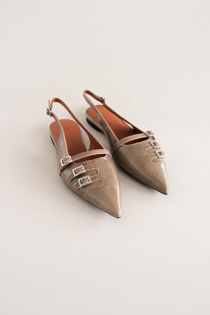 Vagabond pointed toe Hermine slingback flats brown tan greige brushed buckles | PIpe and ROW