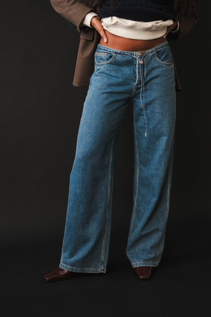 Still Here cool jeans drawstring wide low classic blue | Pipe and Row Seattle Boutique