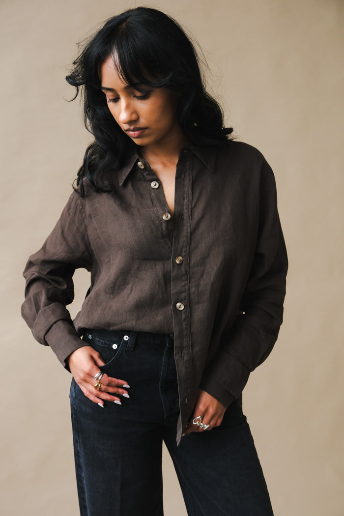 Alohas chocolate brown linen side button Mursi button up shirt | Pipe and Row