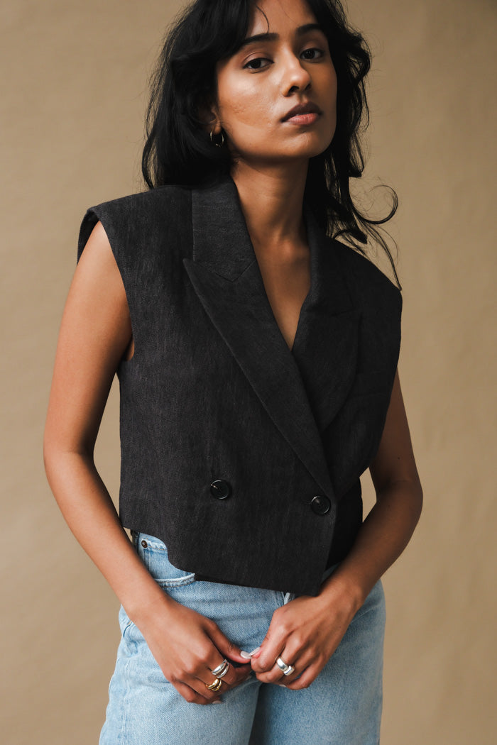 Blossom collared cropped Call vest black denim shoulder pads | PIPE AND ROW