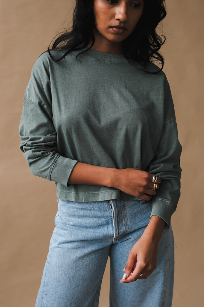 Richer Poorer relaxed crop long sleeve tee sage leaf green | Pipe and Row