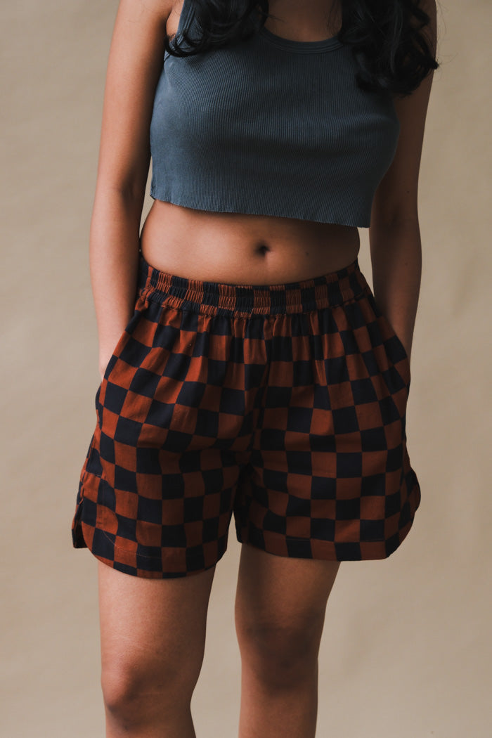 Dushyant brown black checkered boxer shorts dolphin hem | Pipe and Row