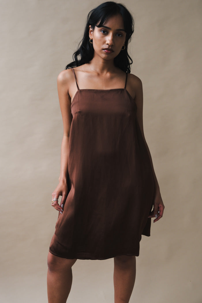 Oh Seven Days Tessa mini slip dress silky chocolate brown | Pipe and Row Seattle