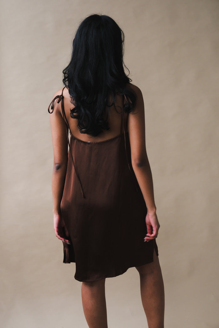 Oh Seven Days Tessa mini slip dress silky chocolate brown | Pipe and Row Seattle