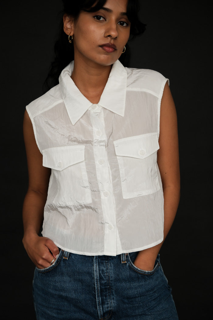 Blossom white Jenny sleeveless button up shirt slight sheen | PIPE AND ROW