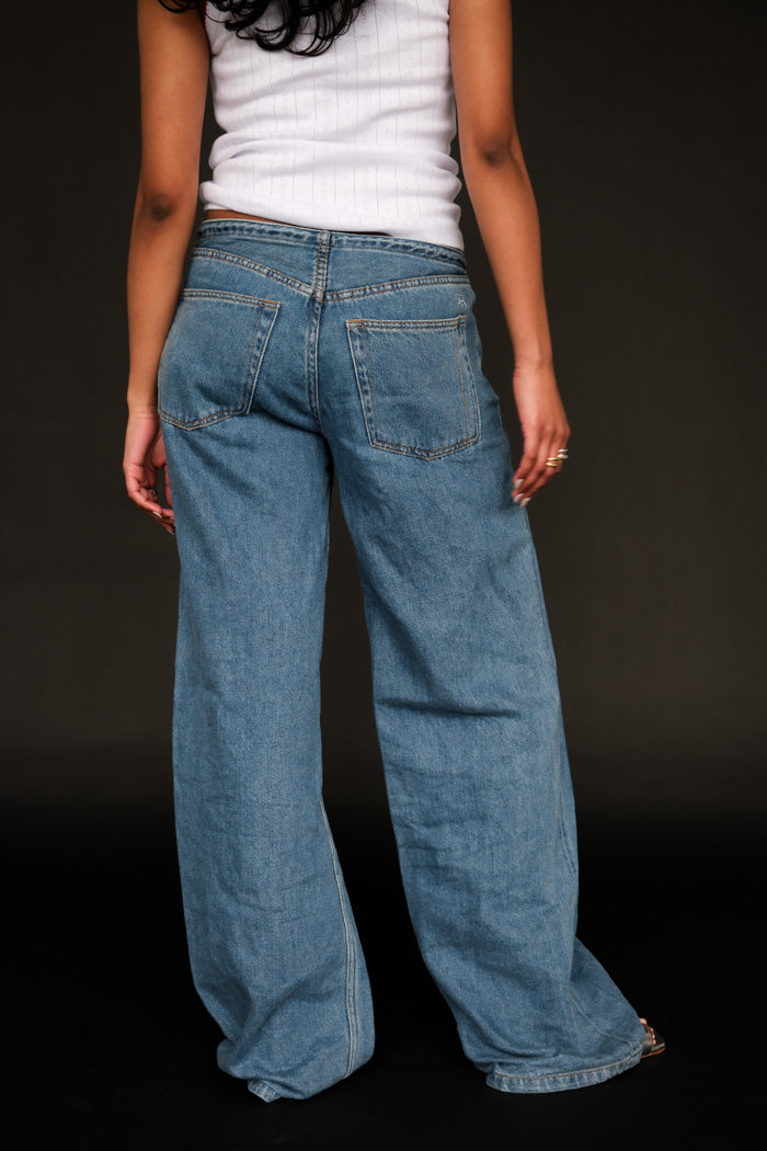Still Here cool jeans drawstring wide low classic blue | Pipe and Row Seattle Boutique