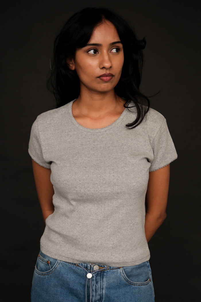  Dunst essential pointelle crochet t-shirt top grey | PIPE AND ROW