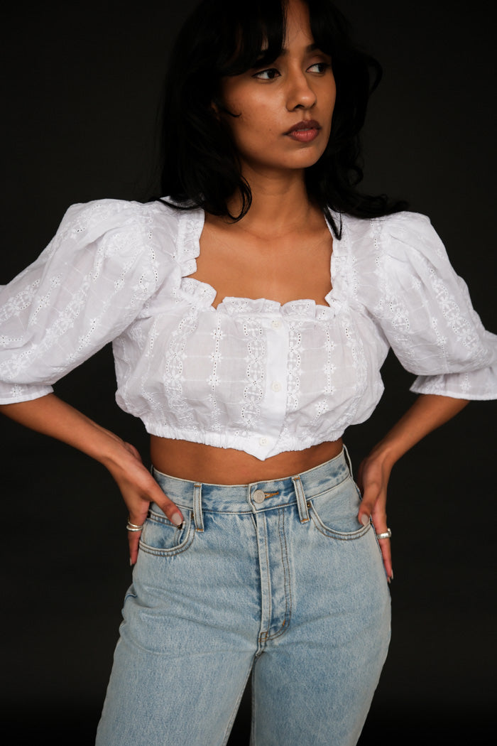 Toit Volant white eyelet cotton ruffle button up cropped top | Pipe and Row