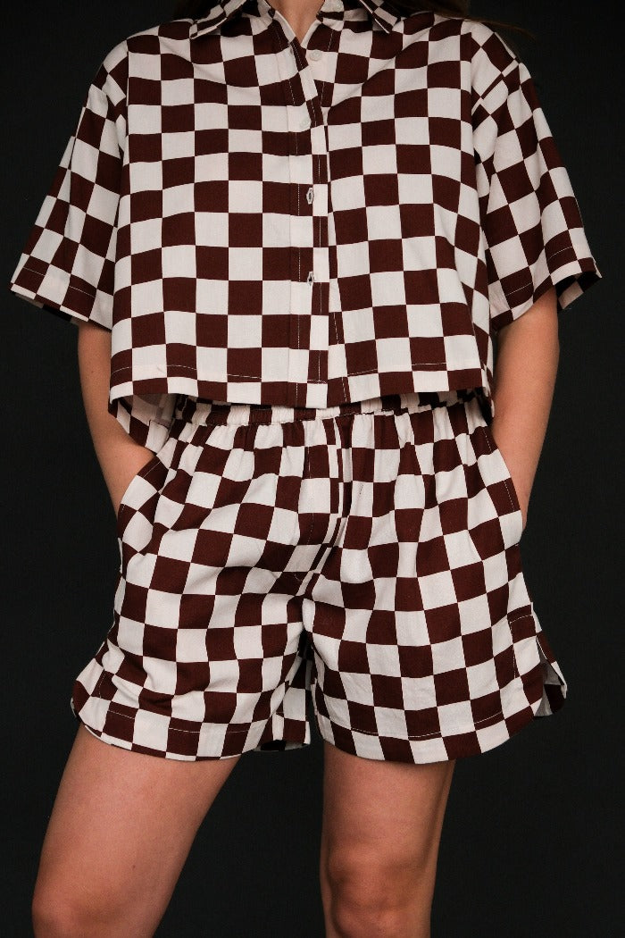 Dushyant chocolate brown and white checkered boxer shorts dolphin hem | Pipe and Row