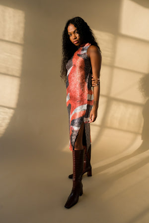 Nin Studios Skin singlet dress square pleat terra print | Pipe and Row