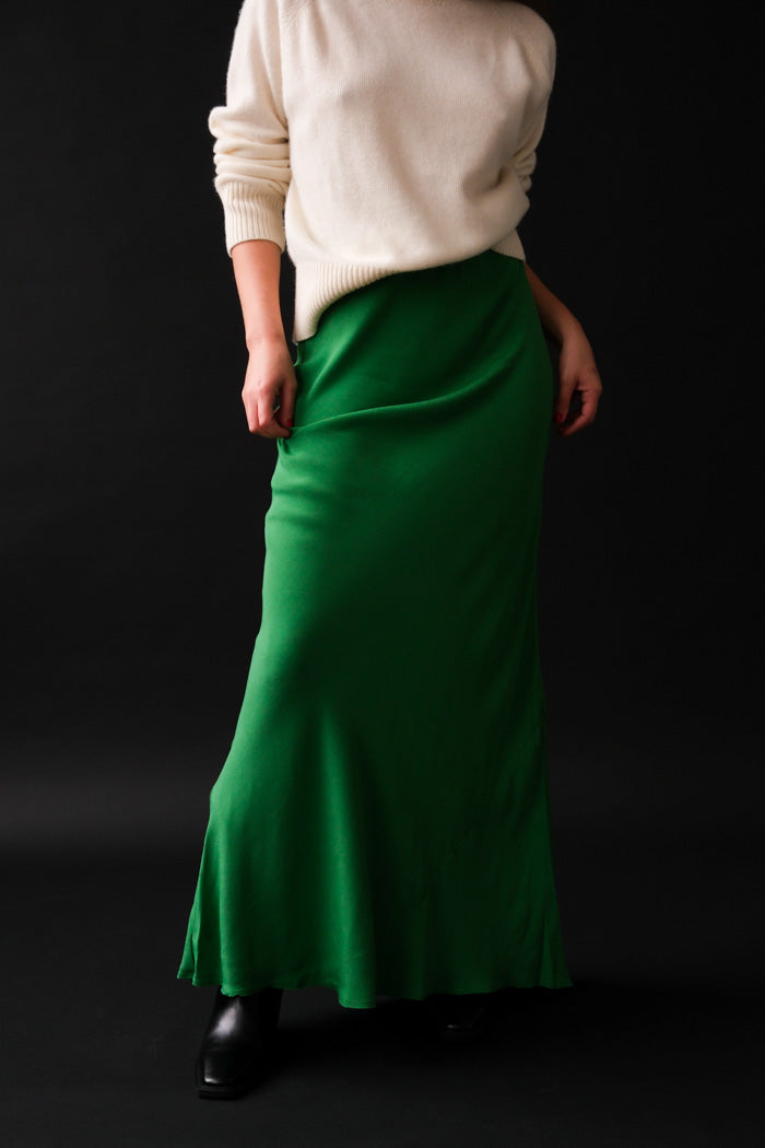 Shani kelly green bias cut 90's inspired slip skirt tube midi dress | Pipe and row