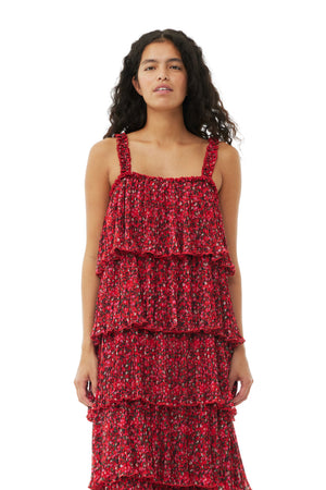Ganni pleated georgette flounce midi dress racing red floral print PIPE AND ROW