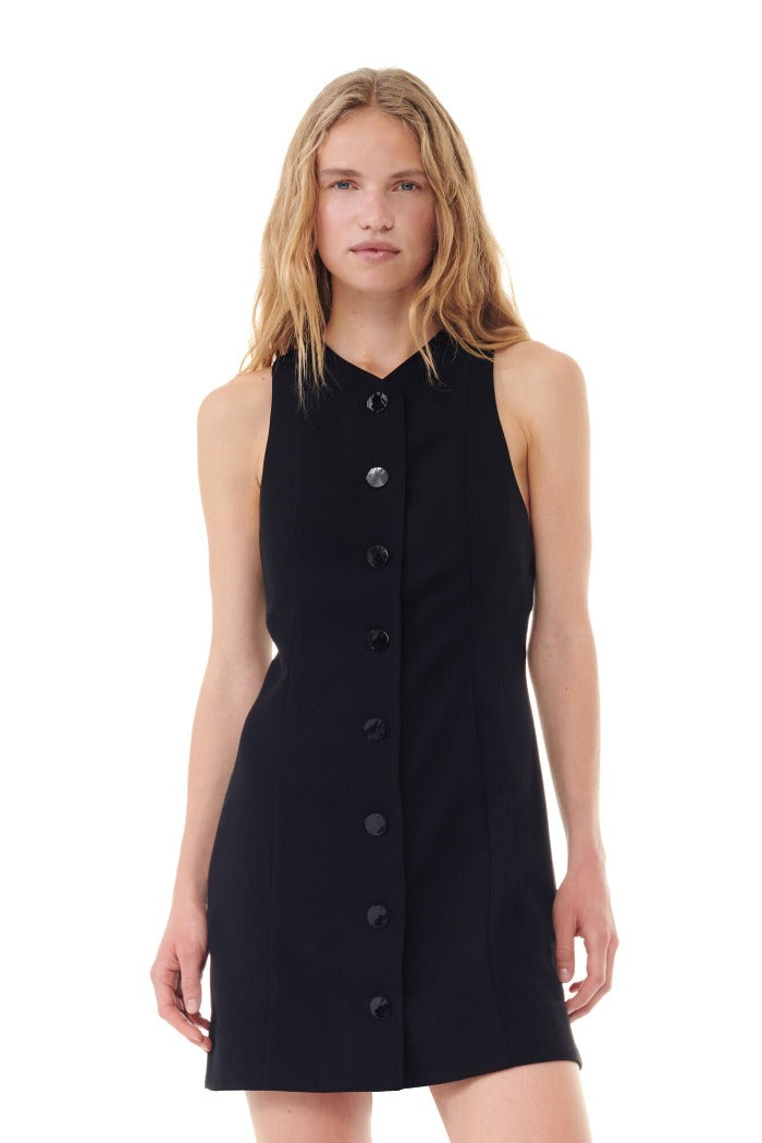 Ganni black light twill, button up, suiting mini dress with a tie on back | Pipe and Row