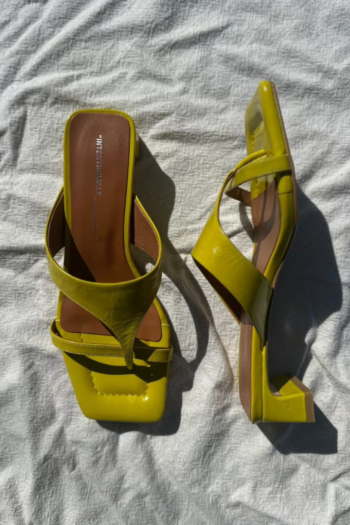 Intentionally Blank low heeled Flume sandal crinkle patent candy mustard yellow citron greenleather | Pipe and  Row