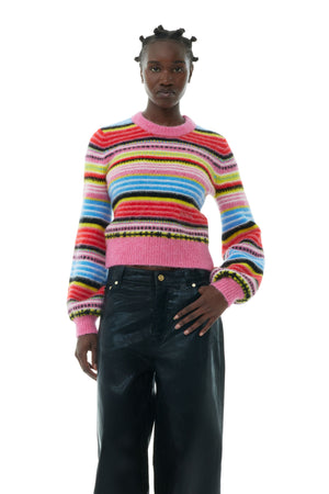 Ganni colorful soft wool stripe o-neck crew sweater | Pipe and Row Seattle
