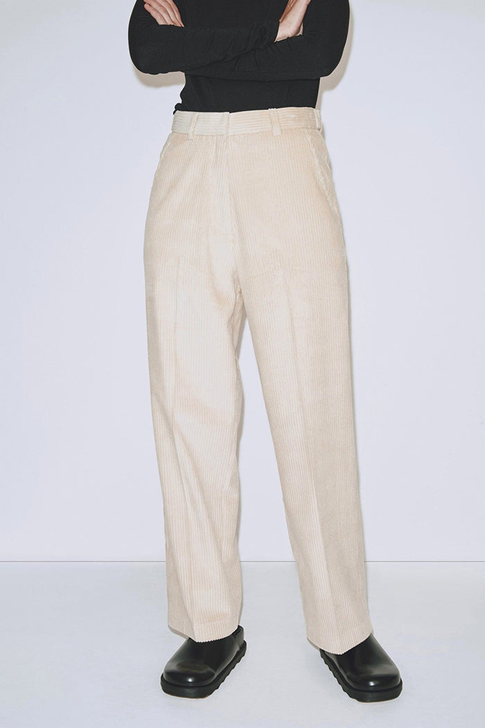 Mijeong Park straight fit corduroy straight leg trousers light khaki beige | Pipe and Row