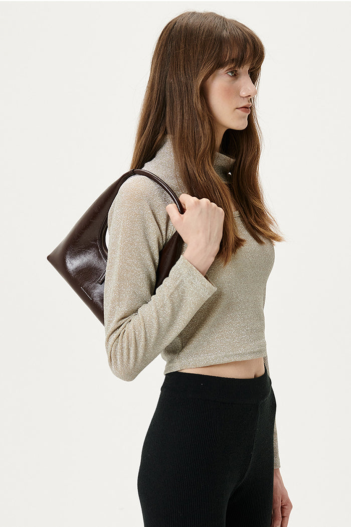 Marge Sherwood soft Hobo shoulder handbag glossy dark brown crinkle leather | Pipe and Row