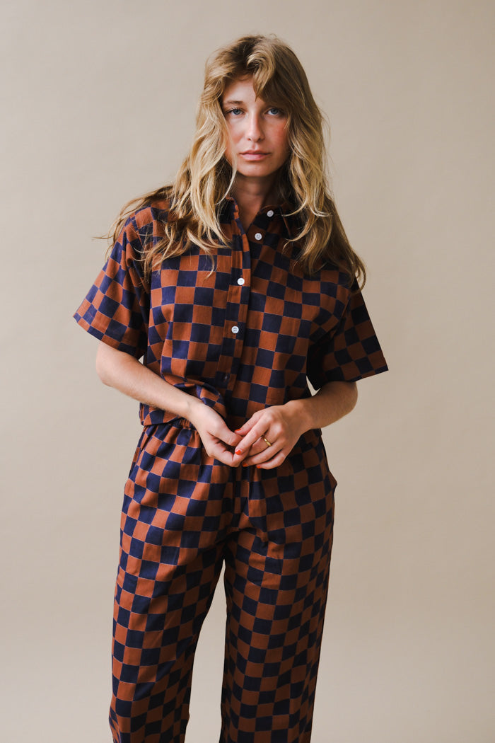 Dushyant short sleeve boxy button up hand printed chocolate chessboard print | Pipe and ROw
