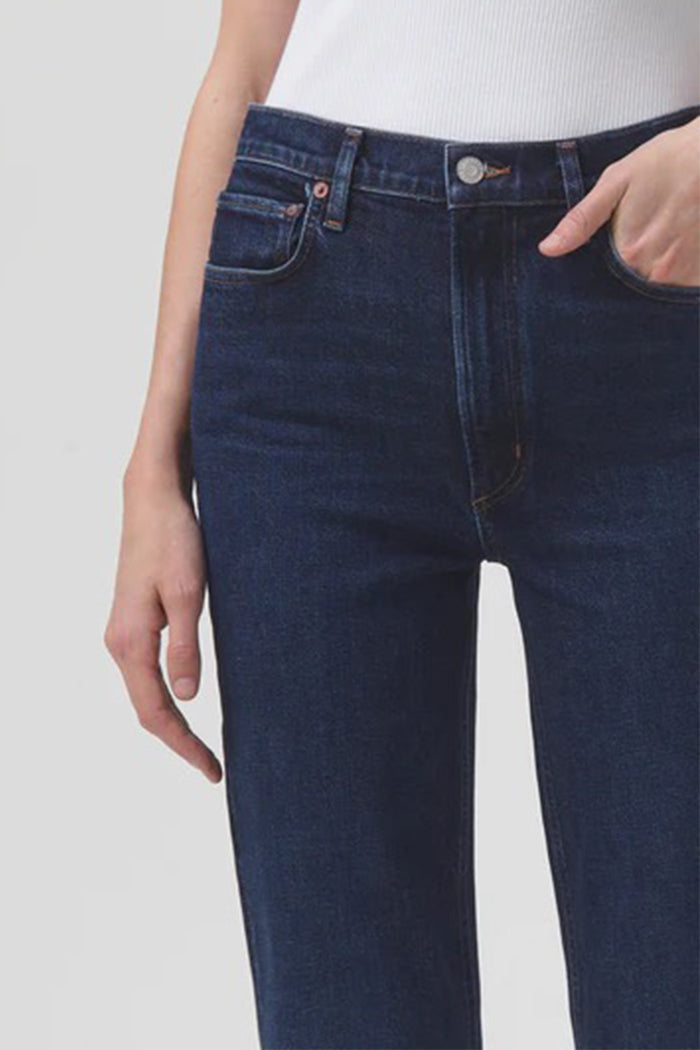 Agolde high rise stovepipe jeans dark clean indigo blue song wash | Pipe and Row