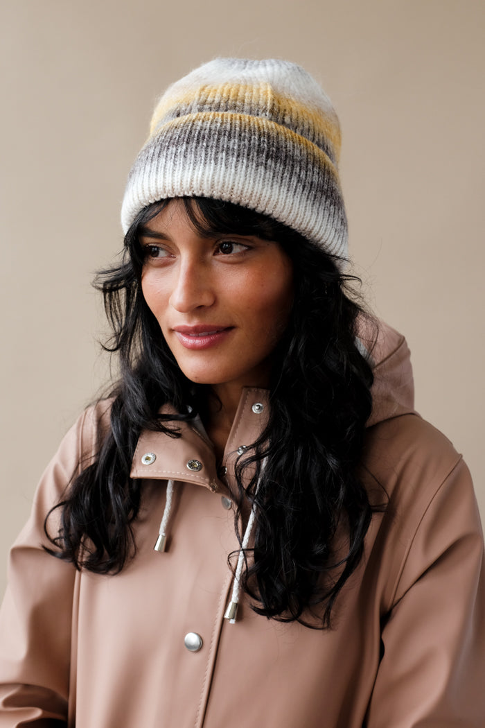 Soft knit mustard, white, tan ombre Sunset beanie Angora | PIPE AND ROW