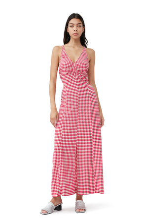Ganni stretch seersucker maxi dress red gingham love potion | Pipe and Row