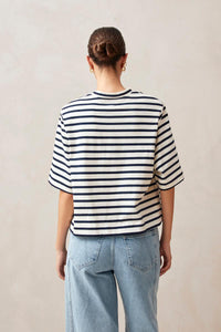 Alohas Capa white navy stripe oversized t-shirt shoulder pad | Pipe and Row