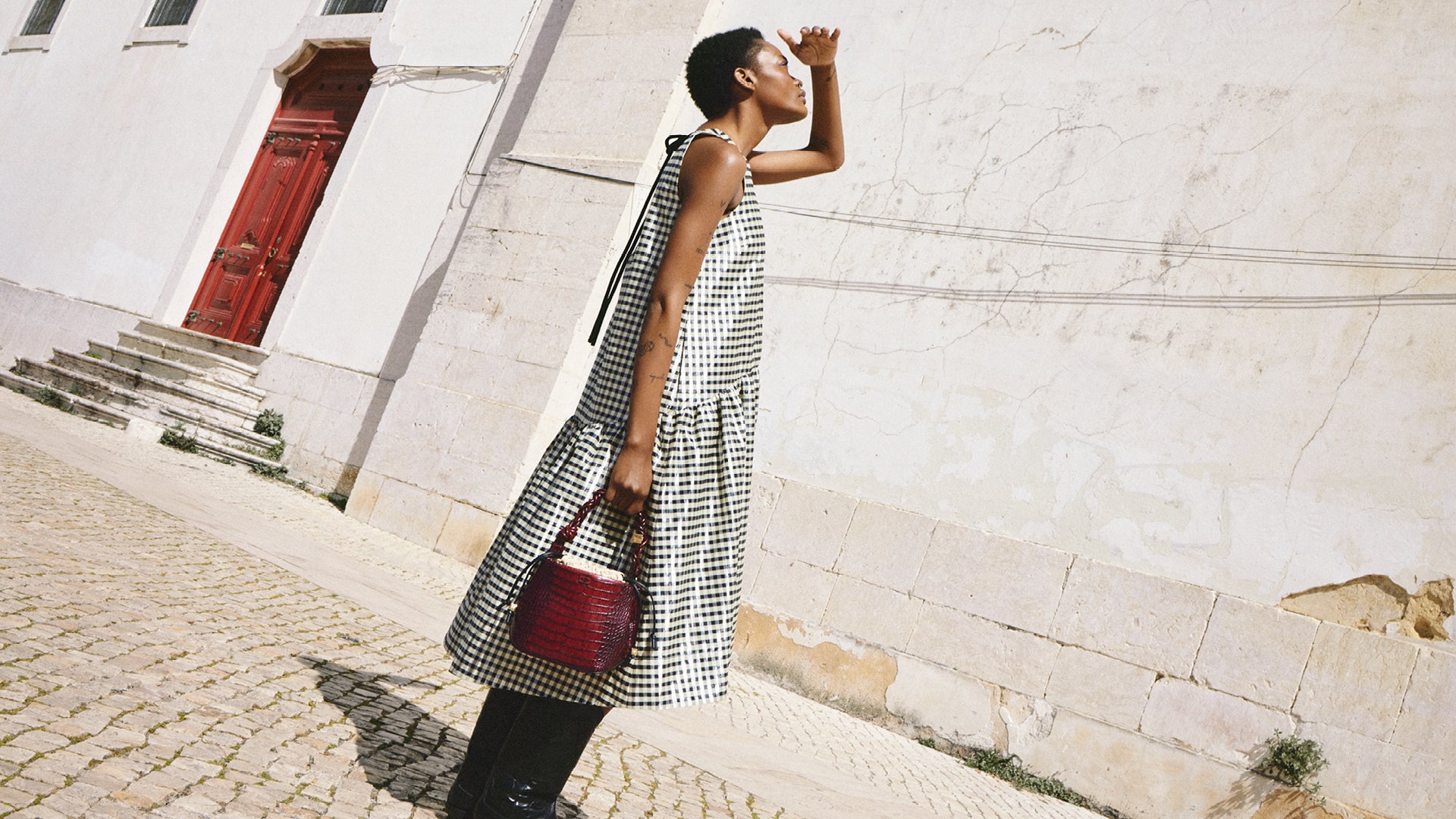 Ganni Bou bucket handbag in burgundy croc  PIPE AND ROW