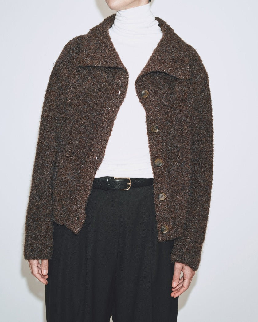 Mijeong Park spread collar boucle cardigan brown knit | Pipe and Row