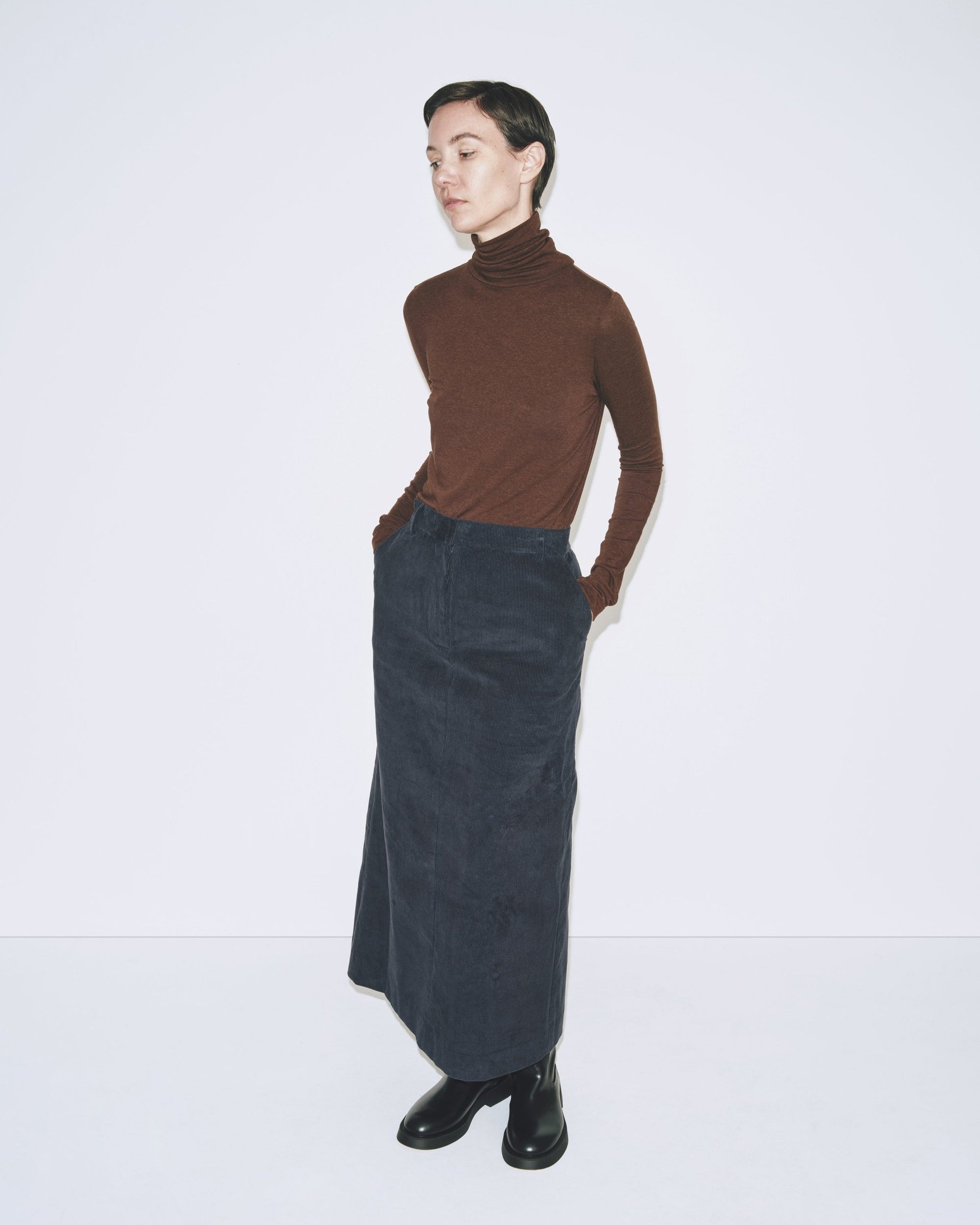 Mijeong Park thin ribbed roll neck turtleneck long sleeve knit tee brown | Pipe and Row