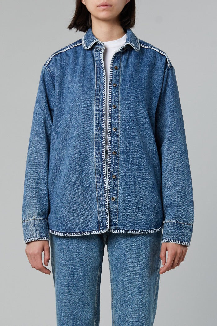 Still here Western denim shirt classic blue blanket stitch | Pipe and Row