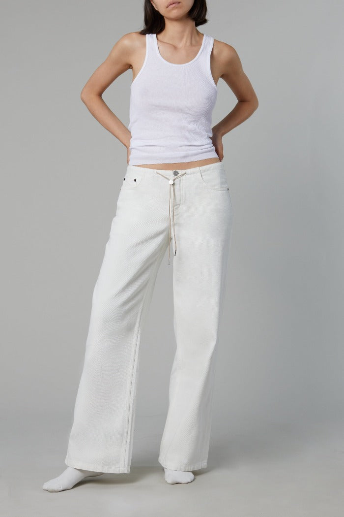 Still Here cool jeans milk white. Wide leg, low rise adjustable drawstring | Pipe and Row FREE SHIPPING