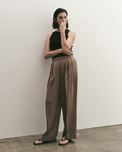 Mijeong Park linen blend wide leg pants tan elasticated | Pipe and Row