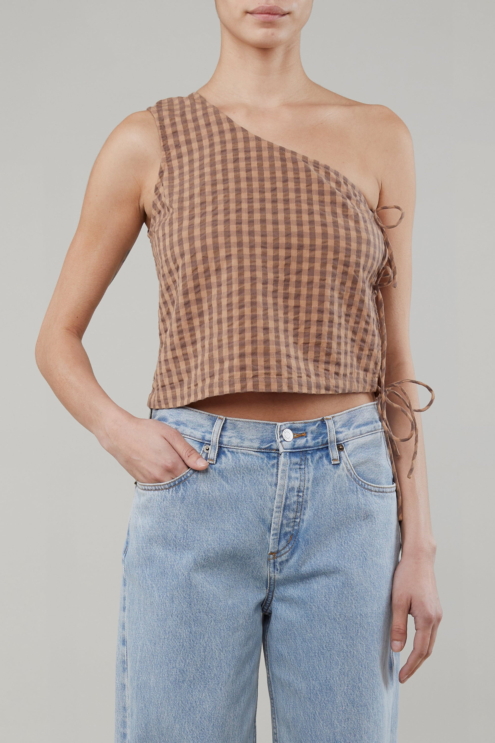 Still Here Amelia one shoulder pecan gingham top | PIPE AND ROW