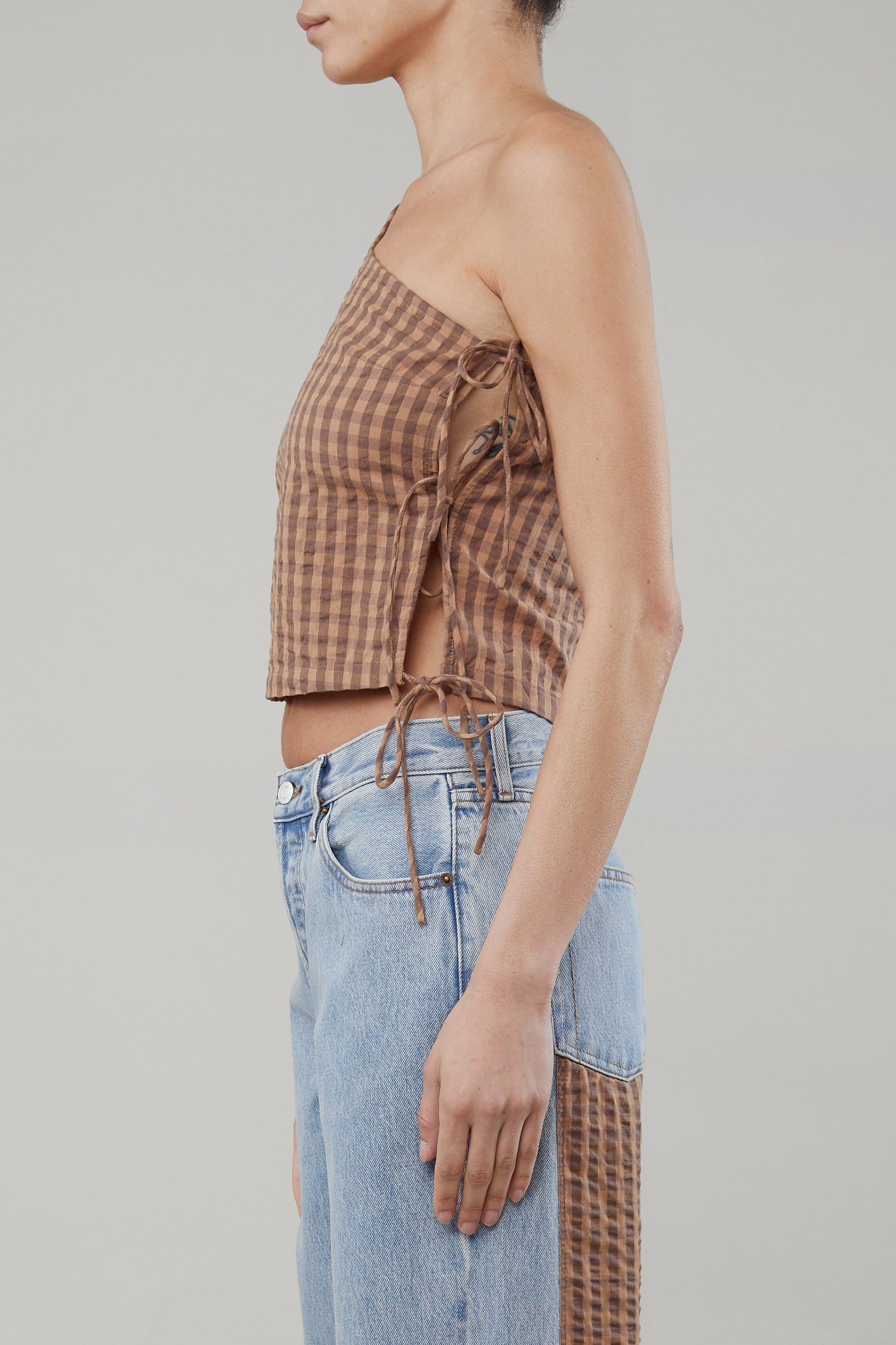 Still Here Amelia one shoulder pecan gingham top | PIPE AND ROW