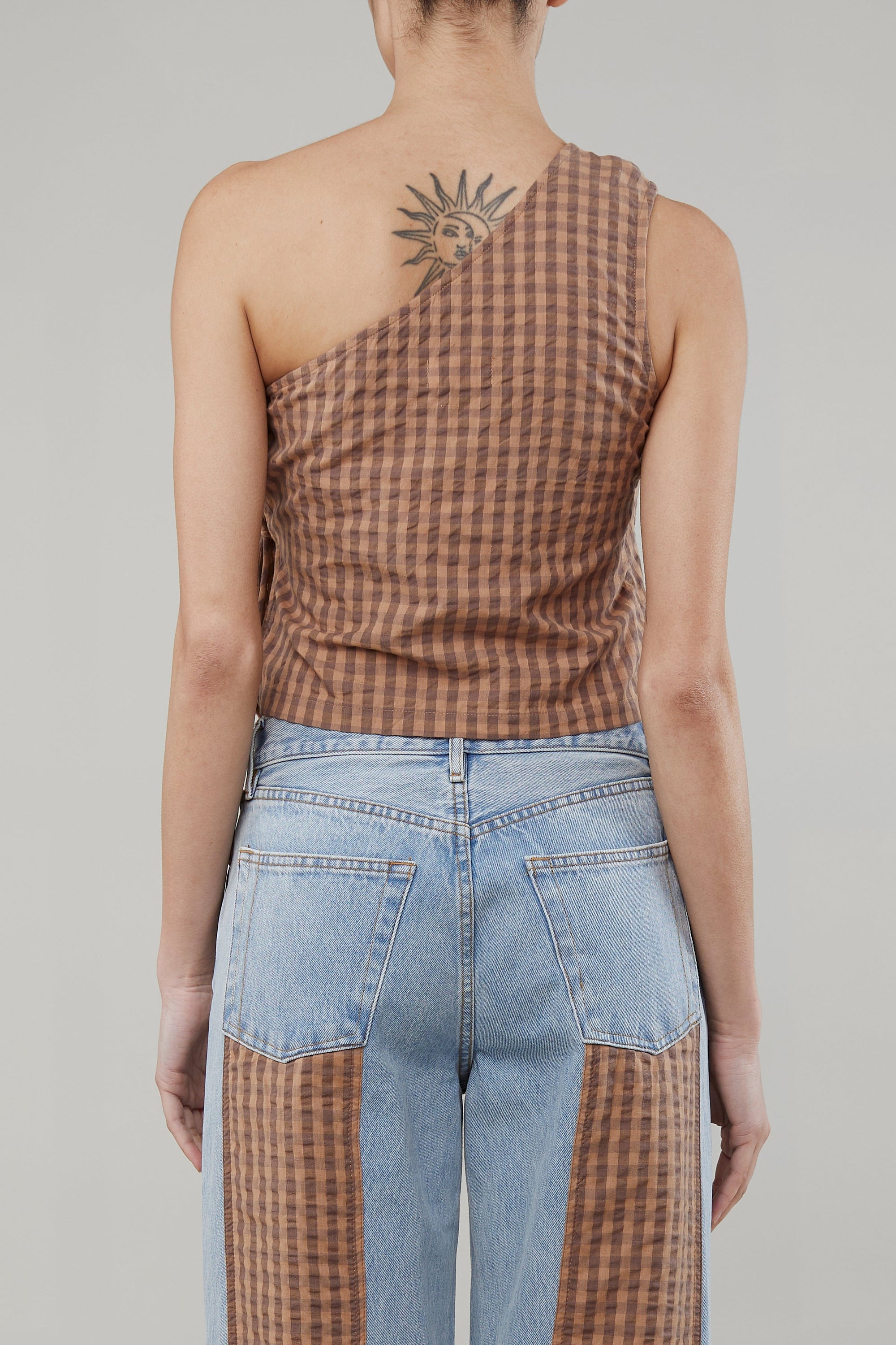 Still Here Amelia one shoulder pecan gingham top | PIPE AND ROW