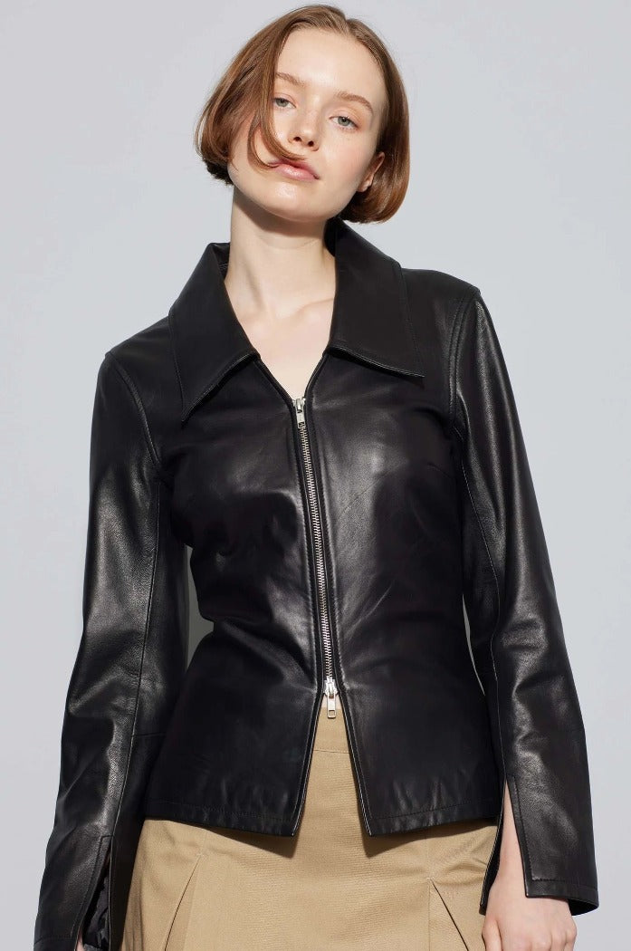 Osoi deep black soft smooth fitted leather blouse | Pipe and Row Seattle