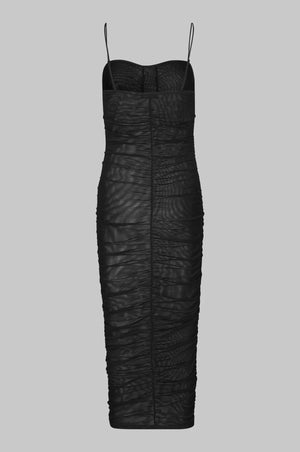 Oval Square 'Sand' mesh ruched black dress.  93% recycled polyester, 7% elastane. PIPE AND ROW