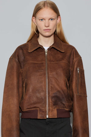 Oval Square Rocky leather bomber used brown leather worn effect | Pipe and Row