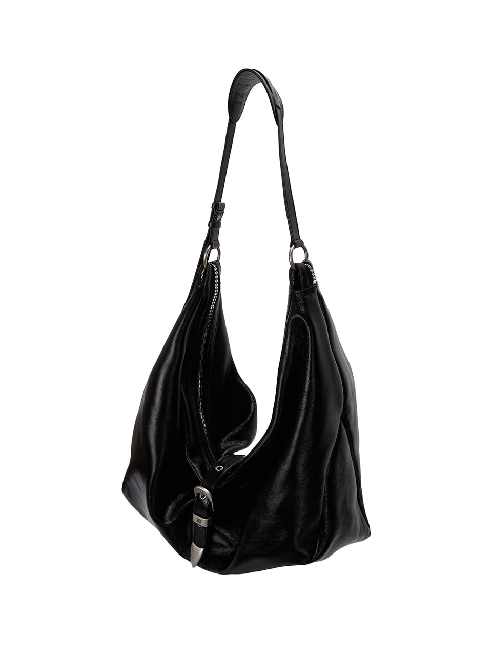 Marge Sherwood Belted Hobo shoulder handbag black glossy crinkled leather | Pipe and Row