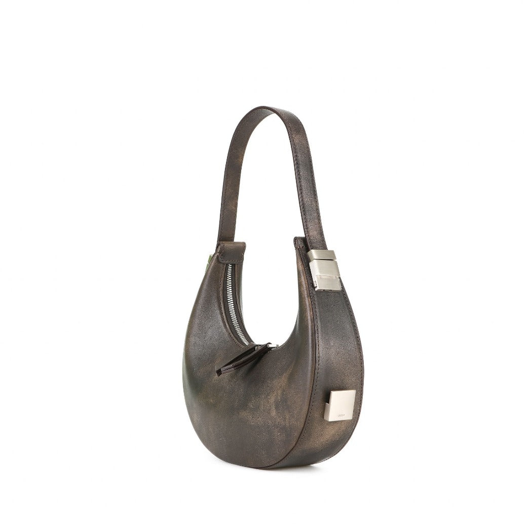 Osoi crescent shaped Toni mini bag stain brown worn leather | Pipe and Row