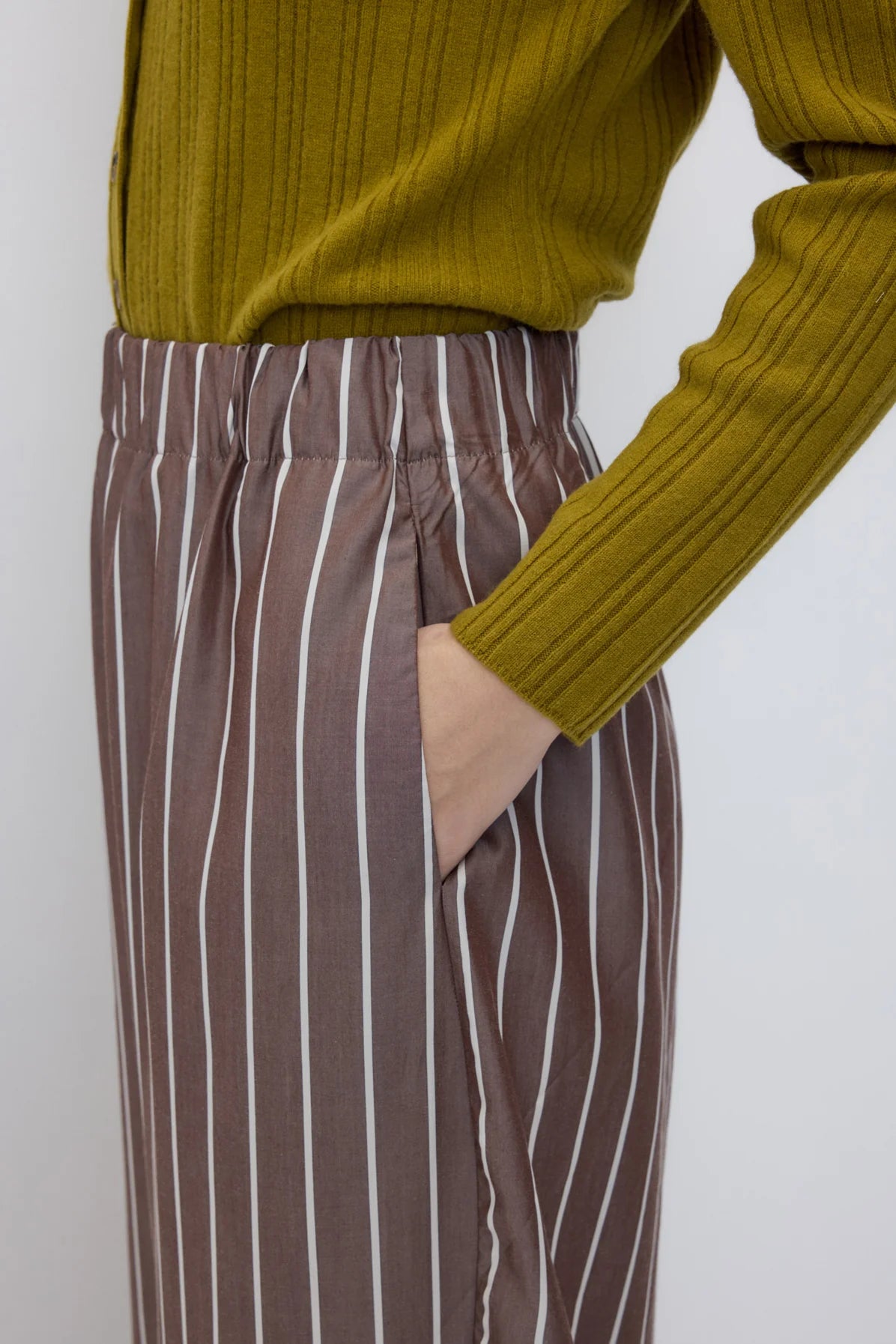 Rita Row Turin brown white striped Tencel barrel leg trouser pants | Pipe and Row Seattle