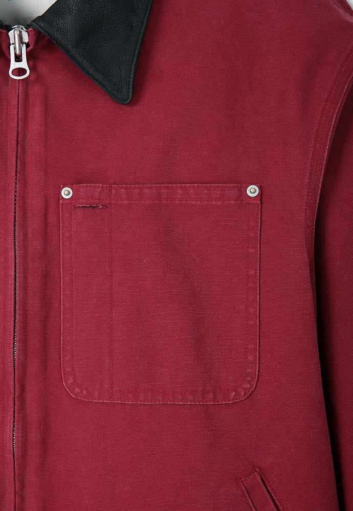 LEATHER COLLAR GARMENT-WASHED ZIP WORK JACKET