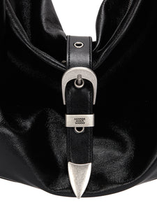 Marge Sherwood Belted Hobo shoulder handbag black glossy crinkled leather | Pipe and Row