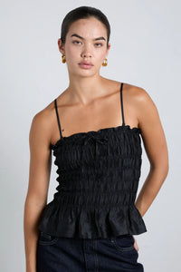 Damson Madder bardot Elsa shirred off the shoulder cami black taffeta with front tie detail.