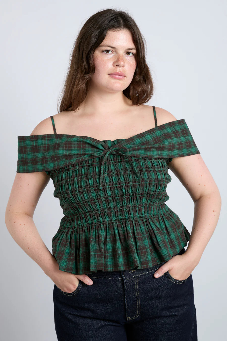 Damson_Madder_tank top bardot_style_Elsa_shirred_off_the_shoulder_cami_green_plaid_front_tie_ruched_strapless_pipe_and_row_Seattle_boutique_fremont