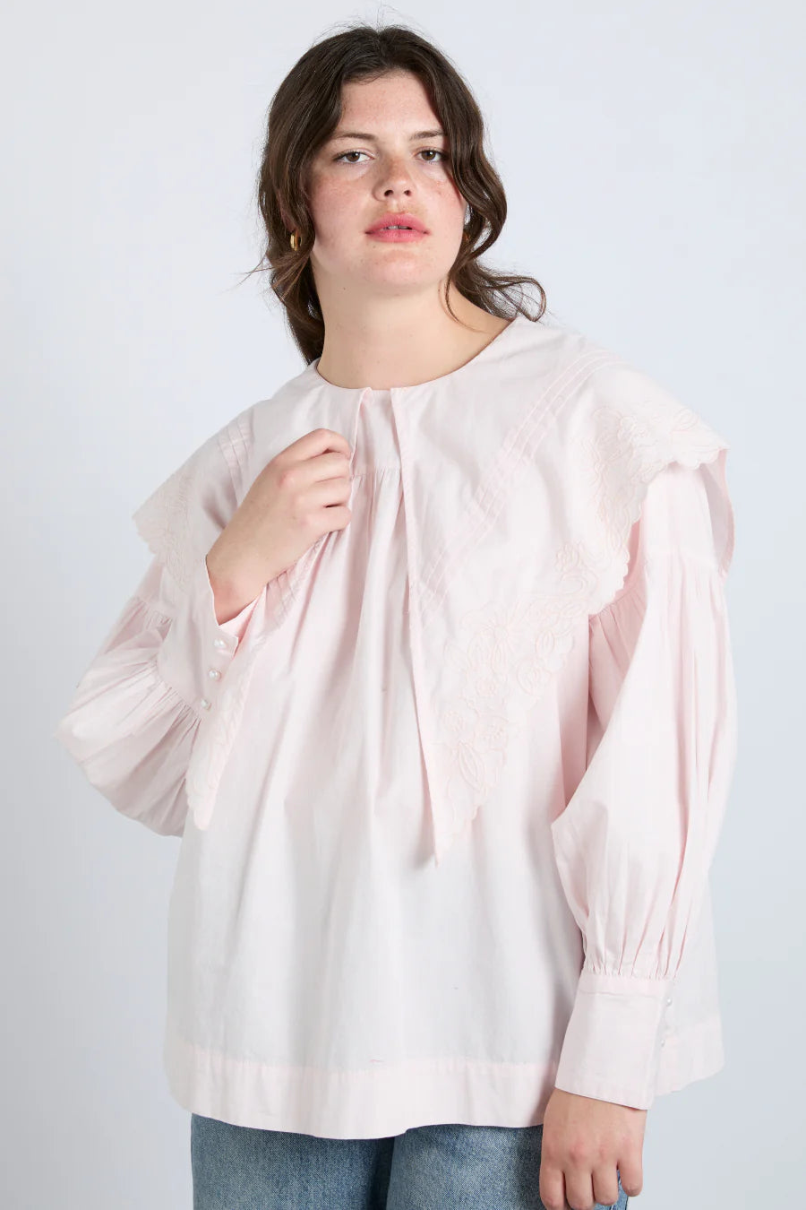 Damson Madder Candy oversized embroidered pointelle collar blouse light pink | Pipe and Row Fremont Seattle boutique